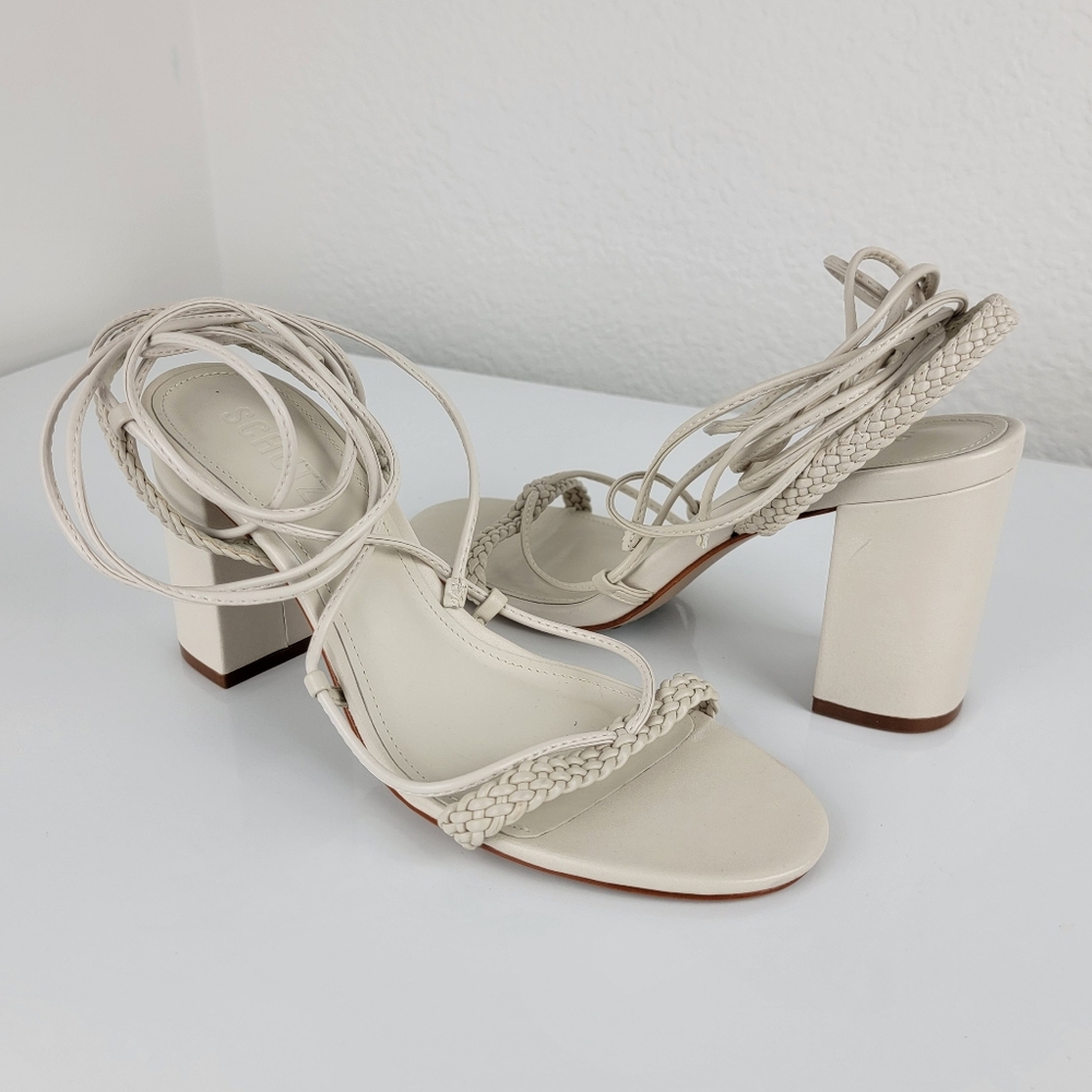 New SCHUTZ Maxima Leather Strappy Braided Wrap Block Heel White Ivory 7.5 - Picture 4 of 12